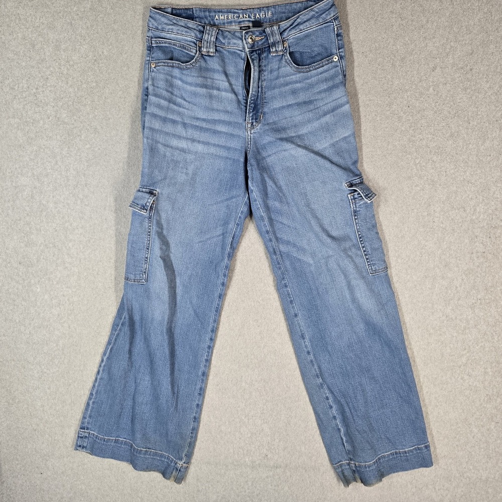 American Eagle Women Jeans 6 Denim Super High Rise Baggy Wide Leg Cargo READ